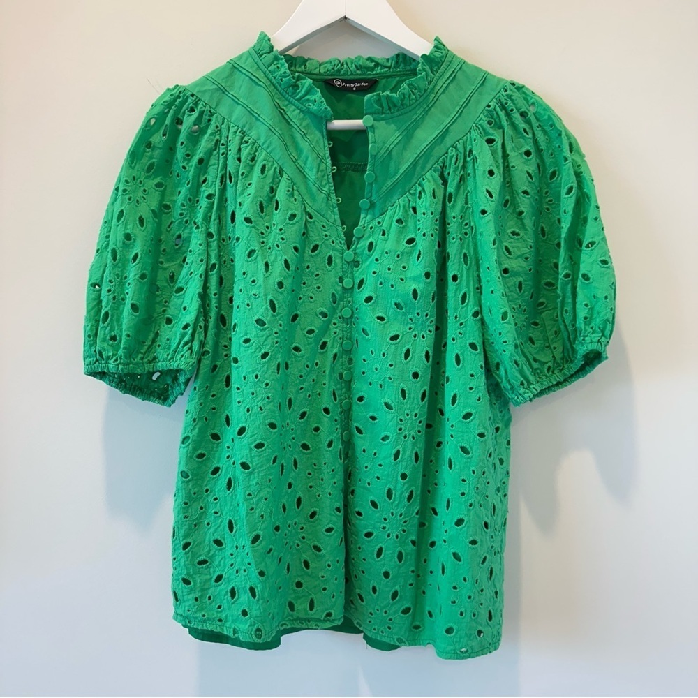 Women's Kelly Green Summer Casual Top Puff Short Sleeve Eyelet Trad Wife Brunch